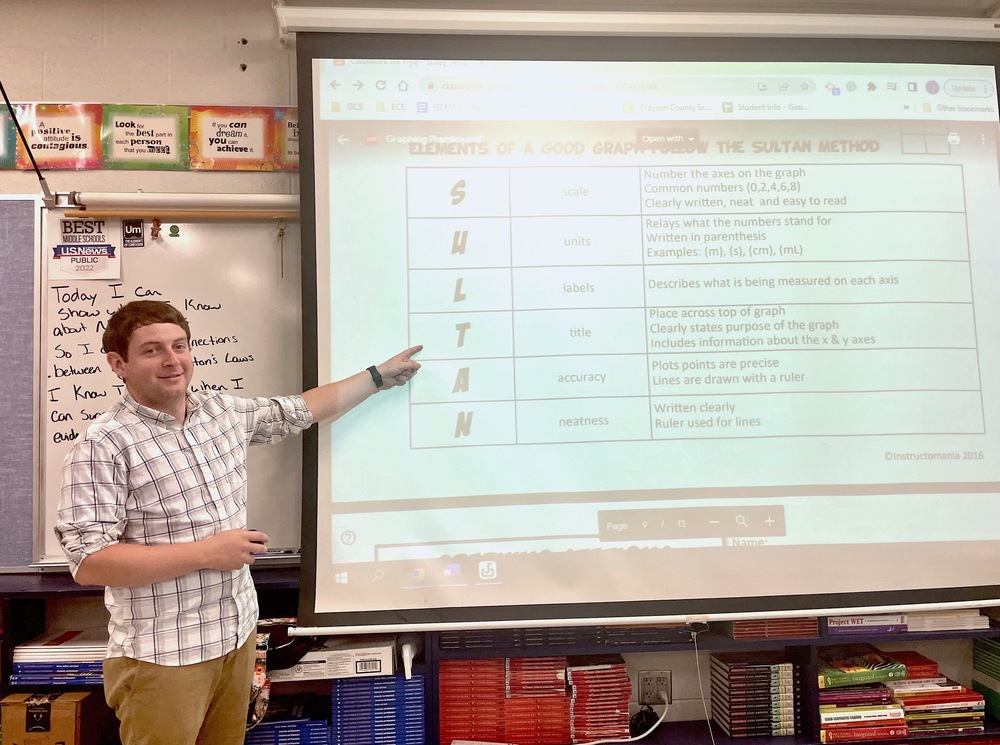JJ Frye pointing to a projection screen
