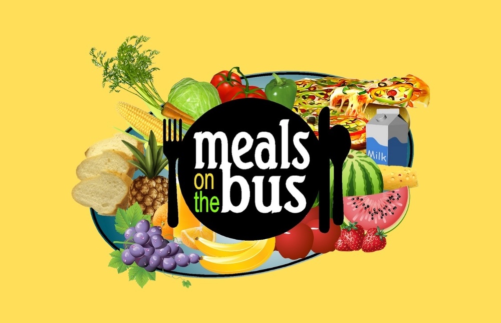 Decorative - Meals on the Bus logo with fruit, vegetables, mild carton, bread ,pizza images around logo