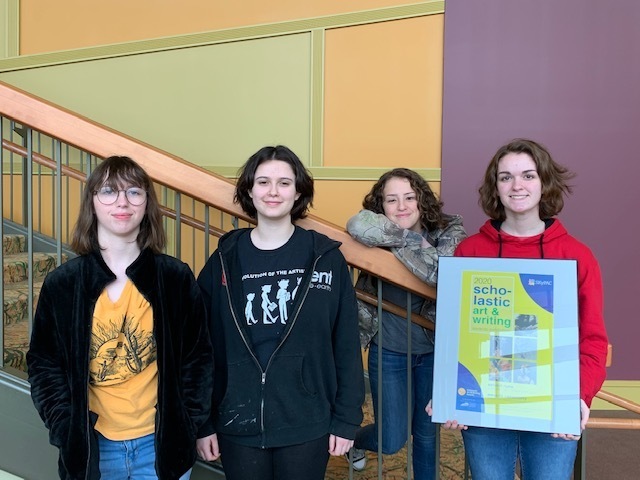 Left to Right: Cassie Priddy (Honorable Mention in Painting), Hannah Rogers (Honorable Mention in Painting, Brianna Wiggers (Honorable Mention in Painting), and Natalie Conder (2 Gold Keys, 1 Silver Key, and 1 Honorable Mention in Drawing & Illustration).