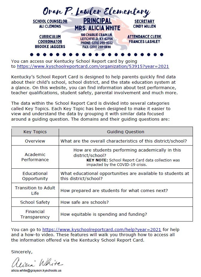 School Report Card Informational Letter