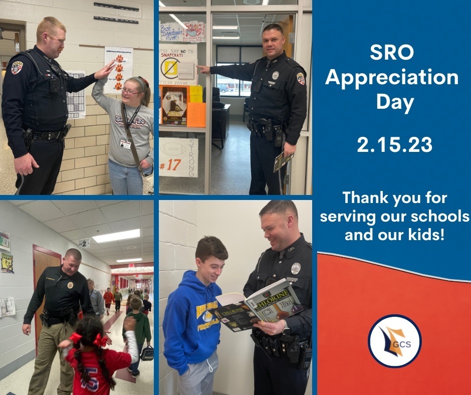 photos of SROs Chase Melton, Seth Payne an dBuck Meredith interacting with students